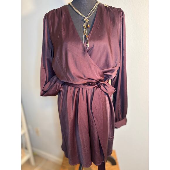 EXPRESS Satin Merlot Brown Long Puff Sleeve Faux Wrap Tie Mini Dress - Picture 13 of 13